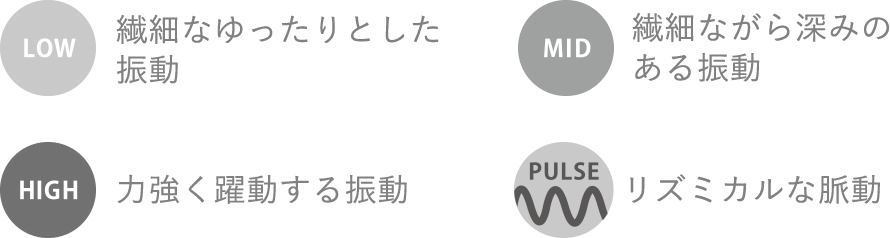 繊細なゆったりとした振動 繊細ながら深みのある振動 力強く躍動する振動 リズミカルな脈動
